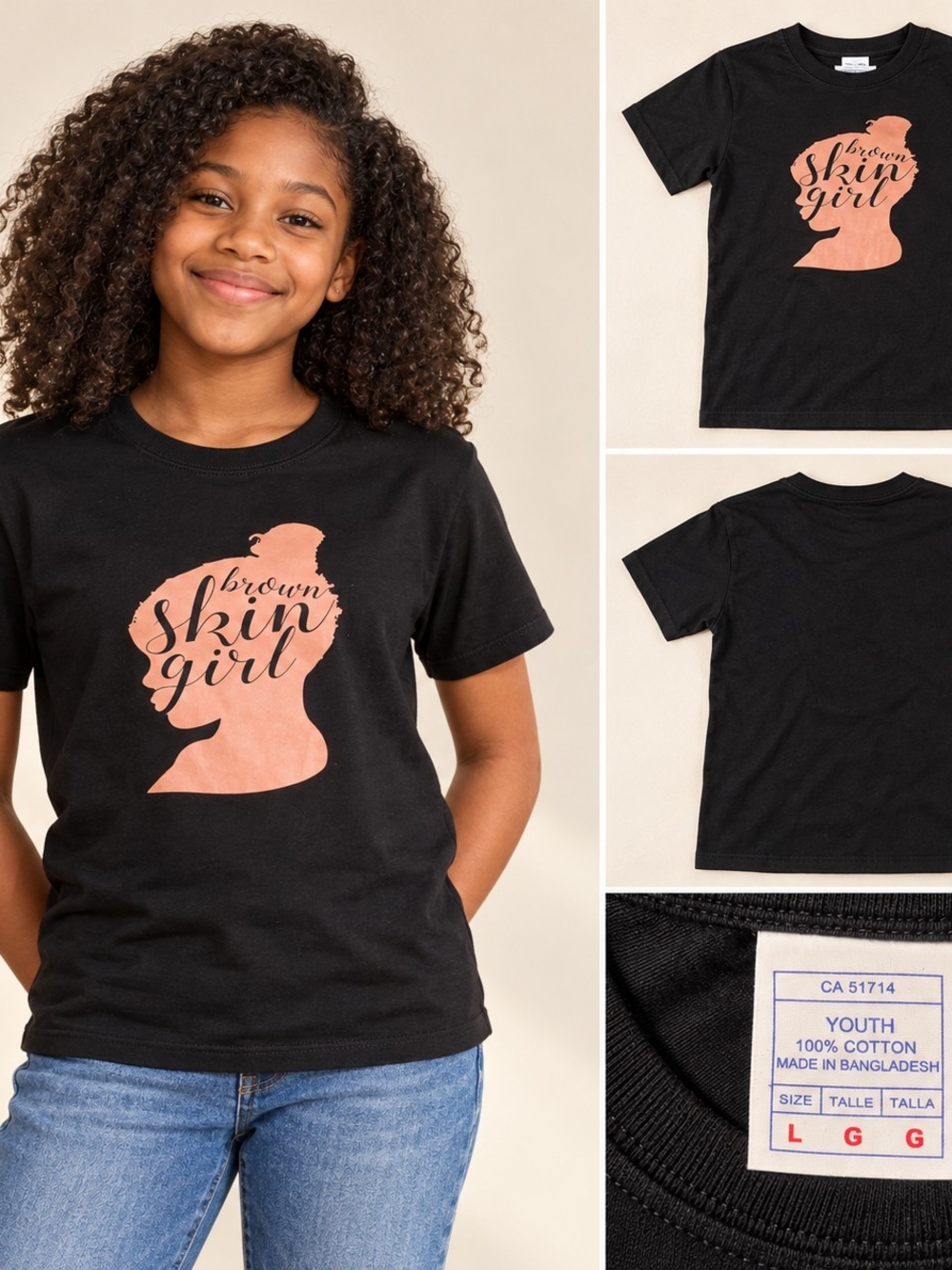 Brown Skin Girl Black & Rose Gold Graphic T-Shirt | Youth Large